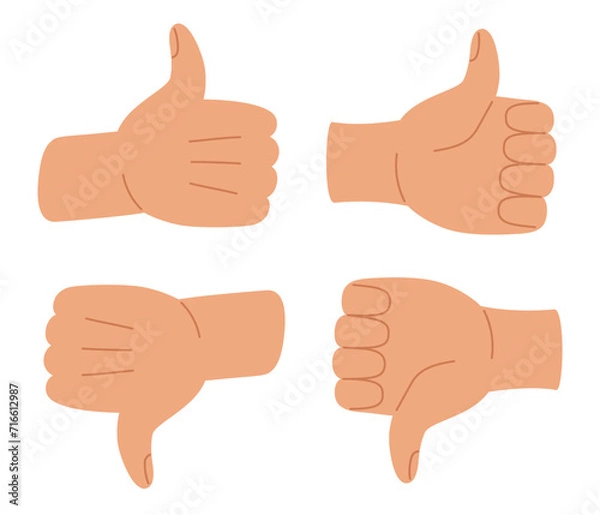 Fototapeta Human hands with thumb up and down sign. Like and dislike gesture. Vote or rating concept. Vector illustration in hand drawn style