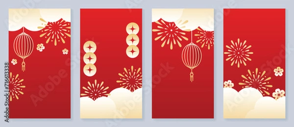 Fototapeta Chinese New Year cover background vector. Luxury background design with chinese lantern, coin, firework, cloud, flower. Modern oriental illustration for cover, banner, website, social media.