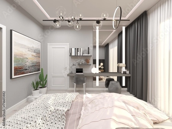 Fototapeta 3d render of bedroom design with suspended ceiling lighting. 3d rendering