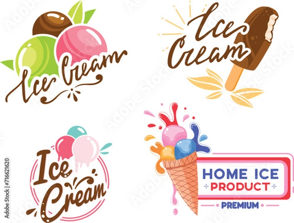 Obraz Four colorful ice cream logos with fun typography and dynamic shapes. Playful designs for ice cream brand identity. Attractive dessert branding for summer treats vector illustration.