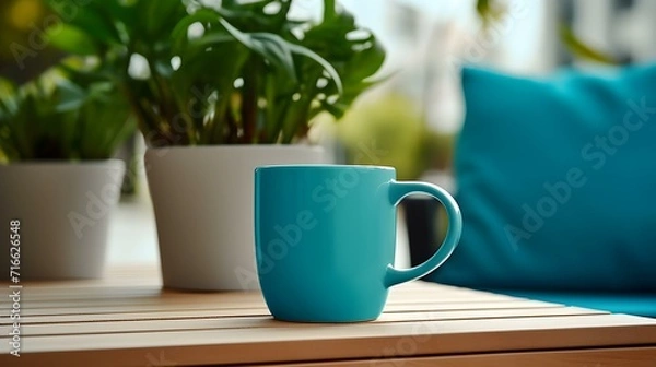 Fototapeta Balcony View of a turquoise Mug on a wooden Table. Close up with a blurred Background