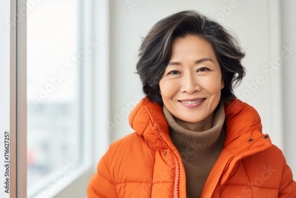 Obraz Portrait of a glad asian woman in her 50s sporting a quilted insulated jacket against a modern minimalist interior. AI Generation