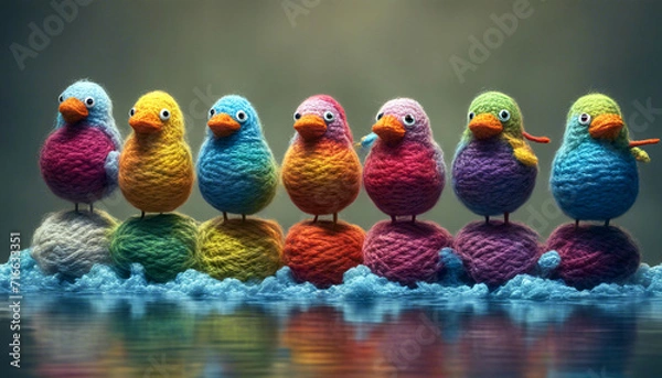 Fototapeta Sieben gestrickte Vögel stehen auf Garnrollen im Wasser. Für die Abenteuer des Lebens bereit.
