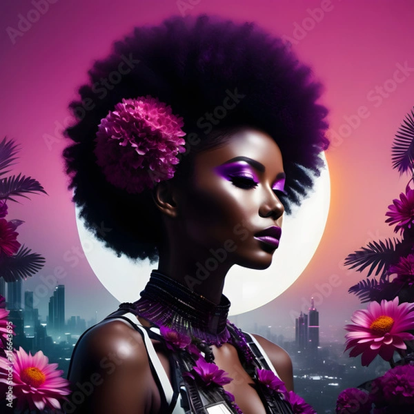 Fototapeta A stylish woman with a captivating afro hairstyle, adorned in a vibrant red costume and intricate makeup, embodies the essence of fantasy and glamour at a dark carnival
