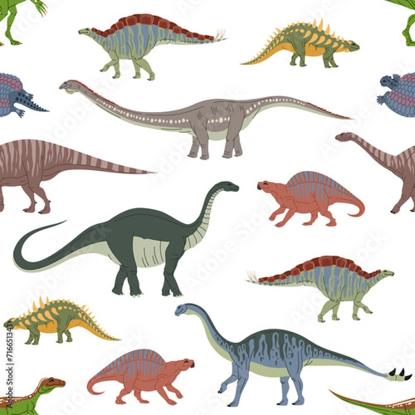 Fototapeta Cartoon dinosaur characters seamless pattern. Cute dino animal personages vector background of eoraptor, lotosaurus, melanorosaurus and apatosaurus, shunosaurus and henodus. Jurassic raptors backdrop