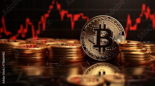 Obraz 3D gold Bitcoin on price candlestick chart background.  Market crash, Dropping down. Price Value Decrease Recession, Loss. Generated AI.