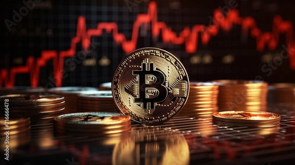 Obraz 3D gold Bitcoin on price candlestick chart background.  Market crash, Dropping down. Price Value Decrease Recession, Loss. Generated AI.