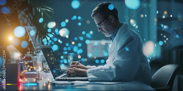 Fototapeta Doctor analysis and electronic medical record on laptop. Medical research and development of improve patient health.