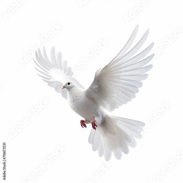 Fototapeta In the top view, a single white color pigeon flying isolated on a white background