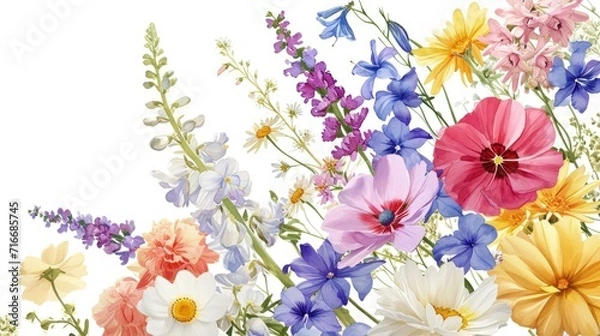 Fototapeta Vibrant Watercolor Floral Assortment. An array of colorful watercolor flowers against a white backdrop.