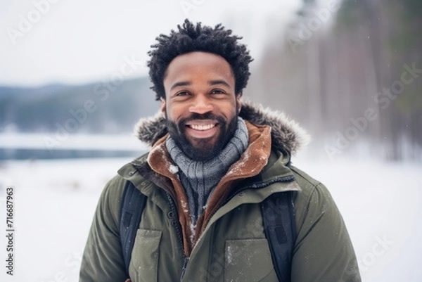 Fototapeta Portrait of a blissful afro-american man in his 30s wearing a rugged jean vest against a backdrop of a frozen winter lake. AI Generation