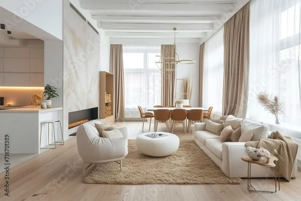 Fototapeta interior design spacious bright studio apartment in Scandinavian style and warm pastel white and beige colors. trendy furniture in the living area and modern details. generative ai.