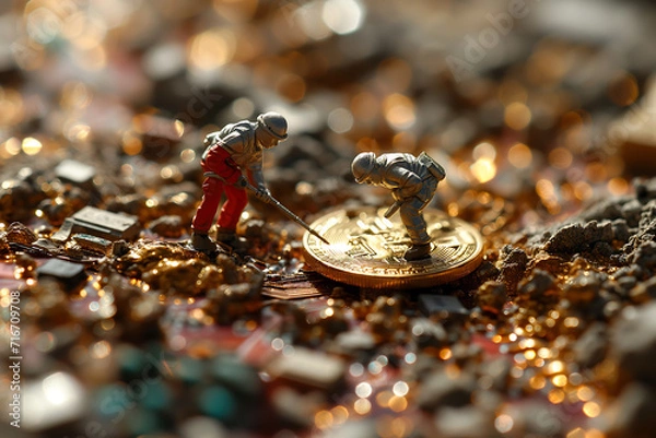 Fototapeta there are two miniature figures working on a coin. The background is filled with more coins and debris.