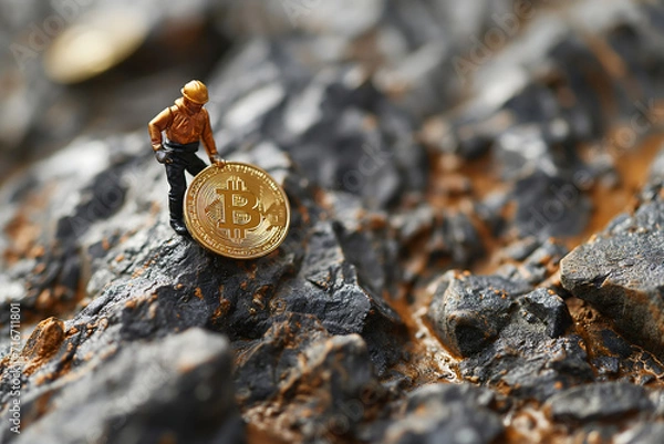 Fototapeta A miniature figure of a miner is digging through a pile of rocks to find a Bitcoin. isolated on white background