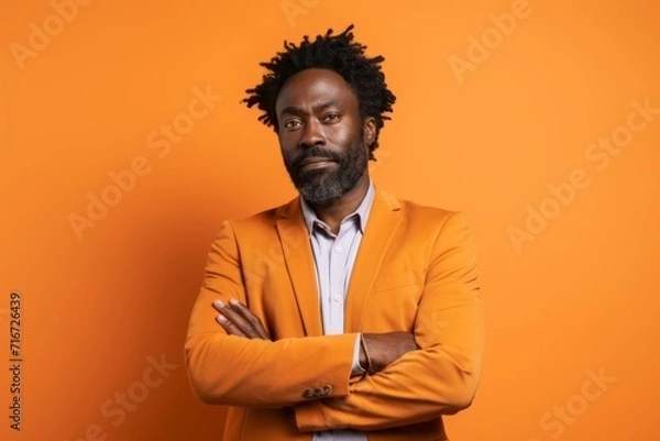 Fototapeta Portrait of a blissful afro-american man in his 40s dressed in a stylish blazer against a soft orange background. AI Generation