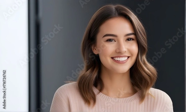 Fototapeta Beautiful and happy young woman looking away smiling while standing in studio