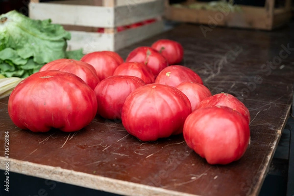 Fototapeta A group of large, beautiful tomatoes rests on a wooden surface in the market in soft sunlight