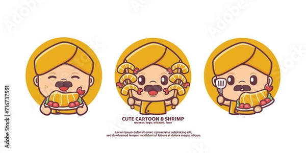 Fototapeta cute chef cartoon in yellow uniform with shrimp. food vector illustration