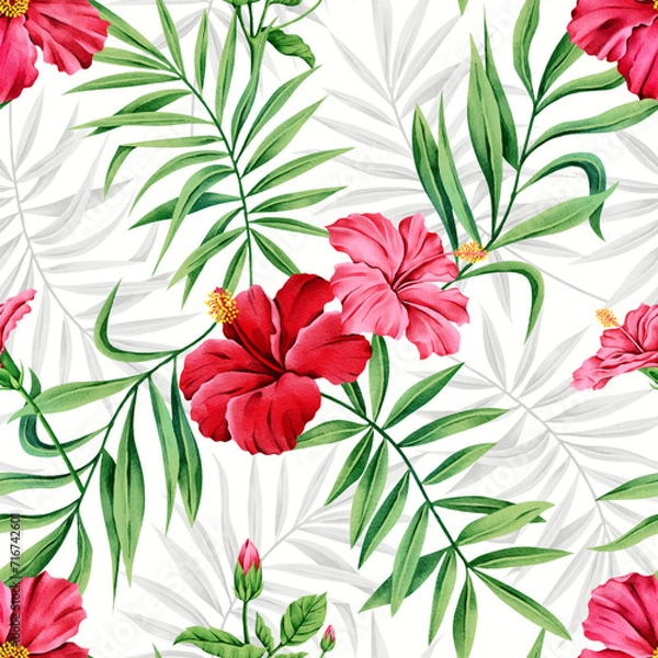 Fototapeta The hibiscus pattern with shadows in the background is suitable for summer factory print fabrics