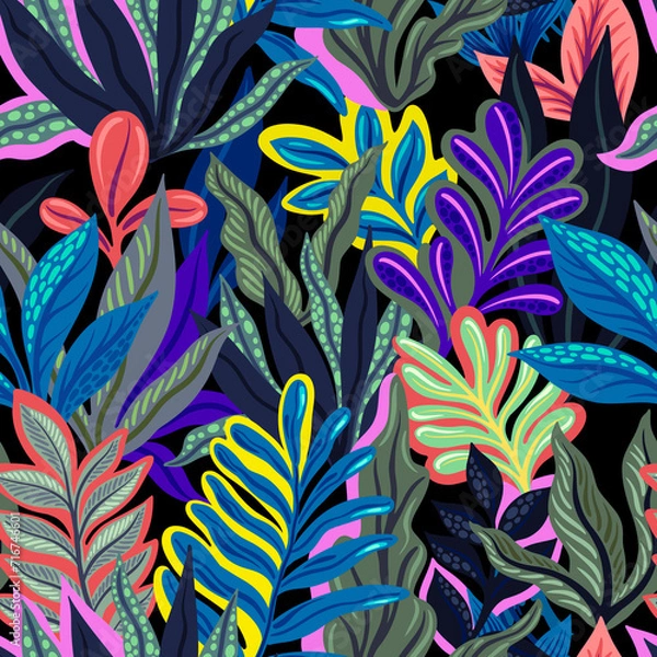 Fototapeta Seamless pattern with decorative tropical plants. Illustration for the design of fabric, wrapping paper, wallpaper and other.