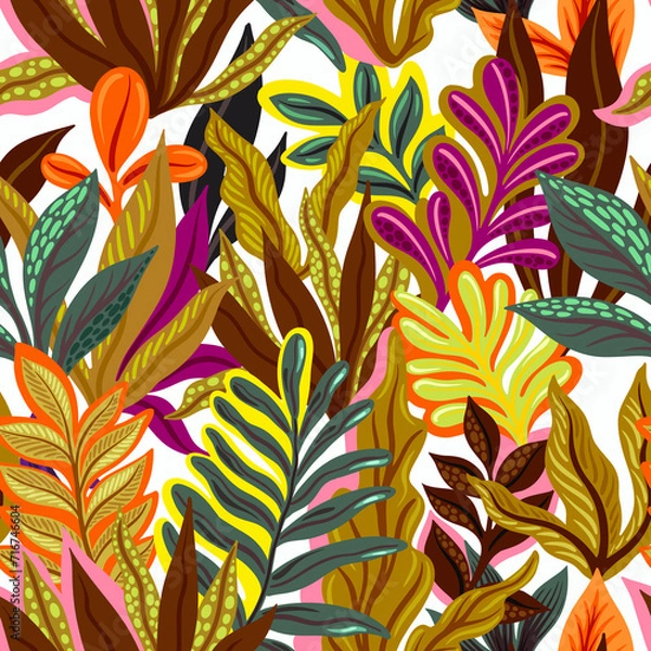 Obraz Seamless pattern with decorative tropical plants. Illustration for the design of fabric, wrapping paper, wallpaper and other.