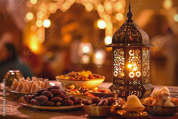 Fototapeta Adorned table for Iftar, A beautifully adorned table for Iftar, featuring dates, traditional sweets, and a glowing lantern centerpiece