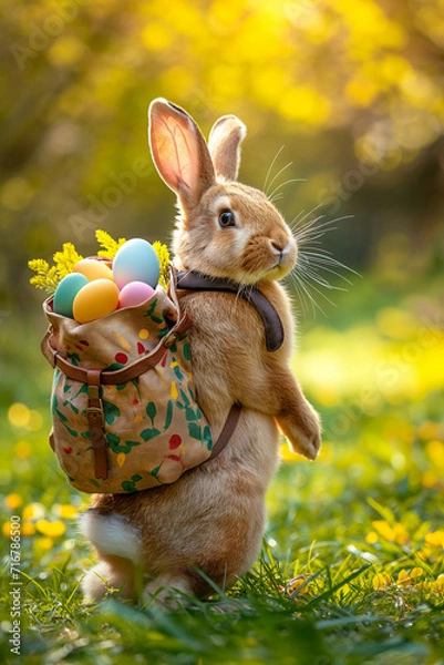 Obraz Osterhase mit Rucksack voll Ostereiern liefert aus