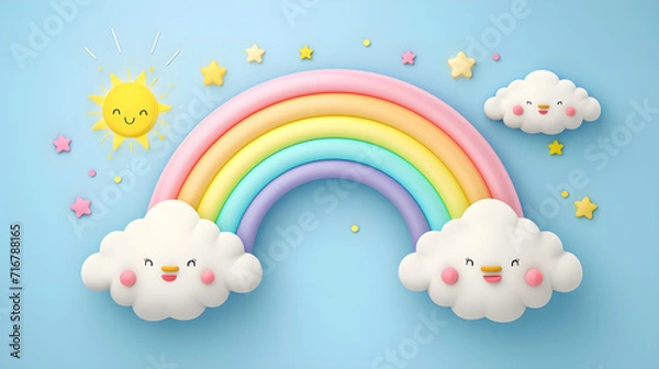 Fototapeta Rainbow with sun and clouds in cute style on a soft pastel blue background.