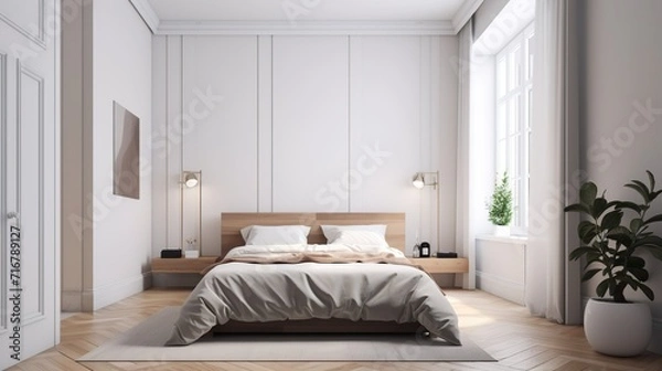 Fototapeta Bright Minimalist Interior in Bedroom, A Contemporary and Serene Living Space