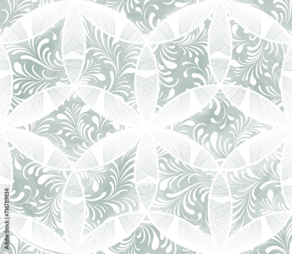 Fototapeta Floral line winter snow seamless pattern. Abstract ornamental flourish leaves texture. Artistic organic shape lace winter holiday print