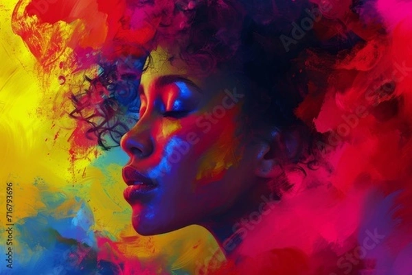 Obraz A vibrant portrait of a woman, lost in the colorful world of her closed eyes, brought to life through the modern art of acrylic painting