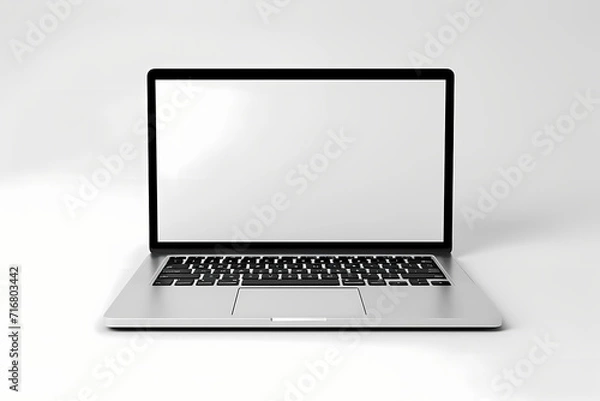 Obraz Isolated white background showcasing a silver laptop with an open design, featuring a blank screen, keyboard, and LCD display, symbolizing technology, business, and office mobility in a 3D electronic 