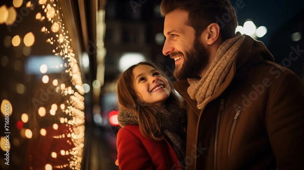 Fototapeta Caucasian family in winter clothes watching city lights.