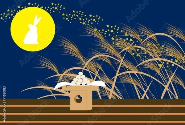 Obraz お月見のお団子と中秋の名月とススキ