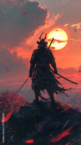 Fototapeta A lone samurai stands atop a hill