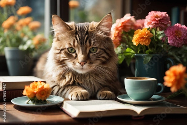 Fototapeta Purr-fect Sips: Cats, Coffee, and a Blooming Backdrop