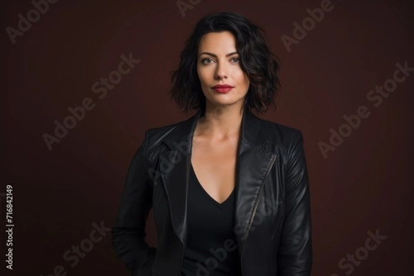 Fototapeta Portrait of a tender woman in her 30s sporting a stylish leather blazer against a solid color backdrop. AI Generation