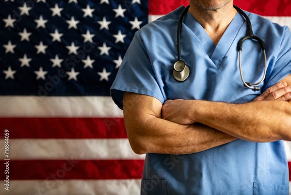 Fototapeta Health: Doctor With Arms Crossed In Front Of Flag