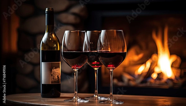Fototapeta Bottle of red wine with 3 wine glasses next to it standing on modern table against house fireplace