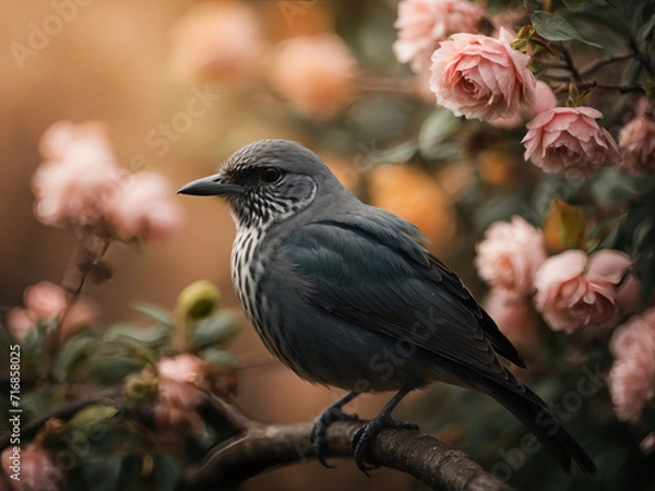 Obraz Tiny Blackbird Rests in a Springtime Wonderland, Pink Blooms Paint the Sky with Joy