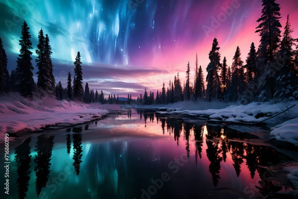 Obraz Aurora Borealis Northern Lights Over Water With Sky Reflection 