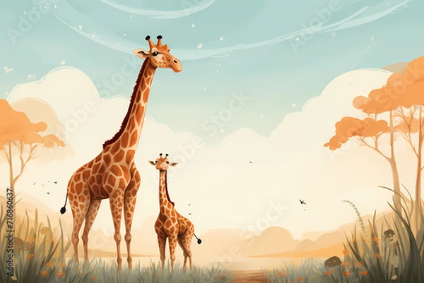 Obraz Giraffe With Baby In A Field