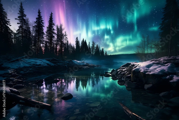 Obraz Northern Light Aurora Borealis Scene With Reflection In Water