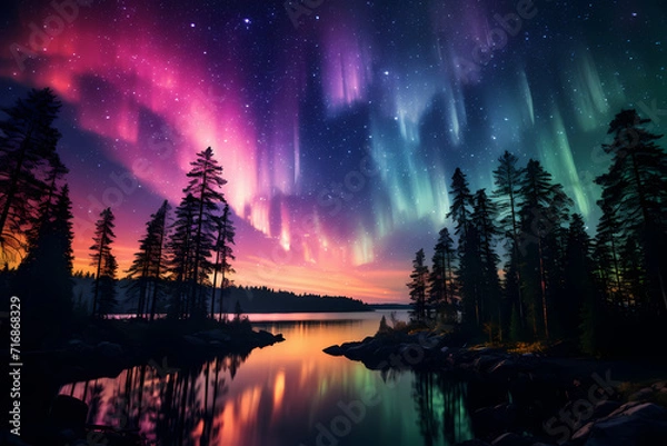 Obraz Northern Lights Forest Lake
