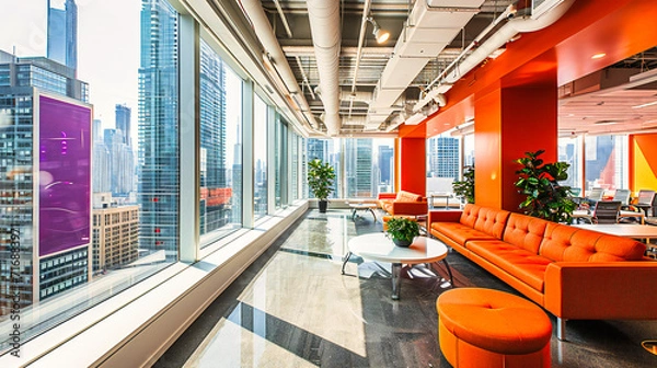 Fototapeta Corporate Modernity: Empty Office Space with a View, Combining Business and Architectural Elegance
