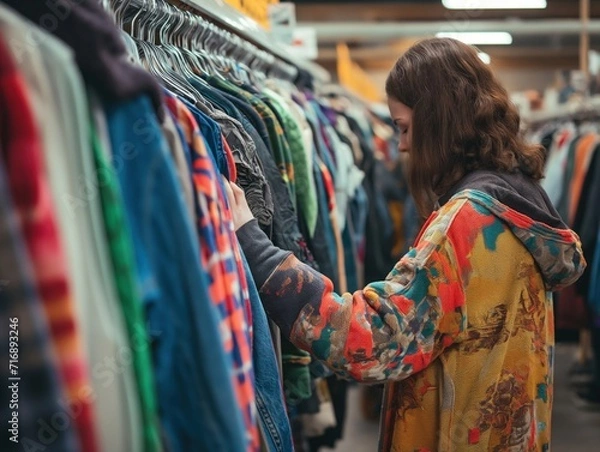 Obraz A person shopping for second-hand clothing in a thrift store