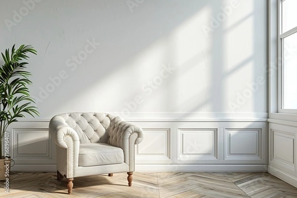 Fototapeta 
Mock-up of an interior poster in a living room featuring an armchair against an empty white wall background, rendered in 3D