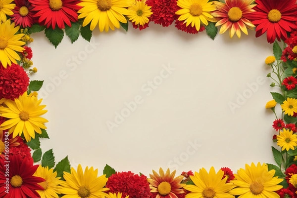 Fototapeta Rectangular frame made of red and yellow flowers