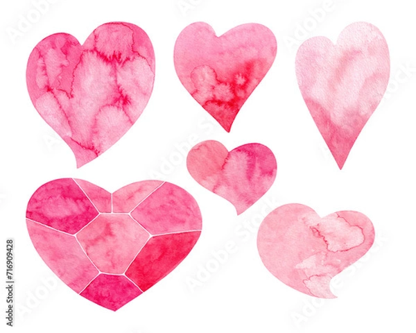 Fototapeta Illustration of a set of hand-drawn watercolor hearts for Valentine's Day