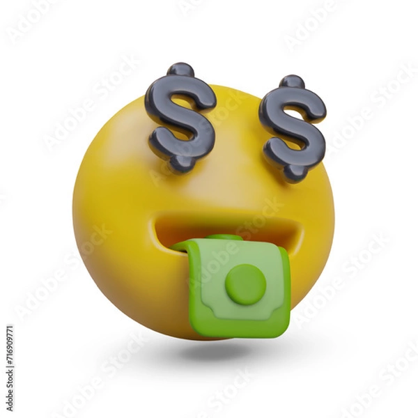 Fototapeta Yellow emoticon with dollar signs instead of eyes. Symbol of profit, wealth. Mouth full of money. Realistic illustration in cartoon style on white background